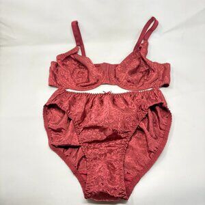 NWOT Burgundy Floral Underwire Bra 40D & Brief Panty Size 9 Lingerie Set
